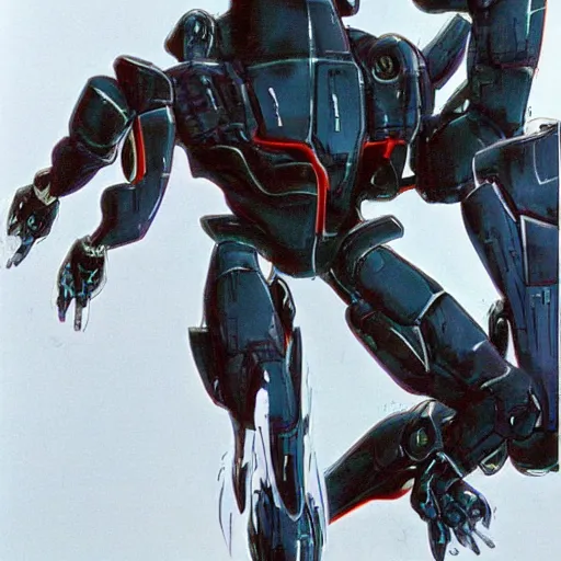 Prompt: 1 9 7 0 s anime screenshot of a sleek, slender, human - scale mecha suit defending the city streets, designed by hideaki anno, drawn by tsutomu nihei, and painted by zdzislaw beksinski