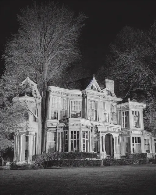 Image similar to a wide angle low photo of a ghostly victorian mansion at night