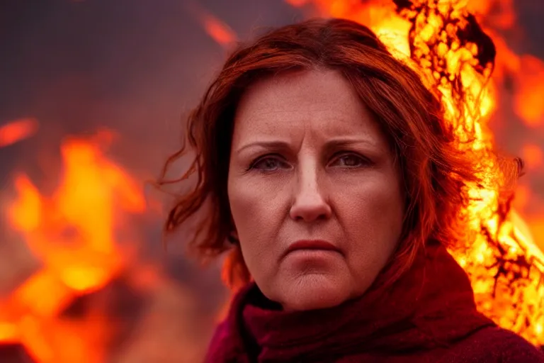 Prompt: a cinematic headshot portrait of a middle aged woman stood in a fire filled field, ultra realistic, depth, beautiful lighting