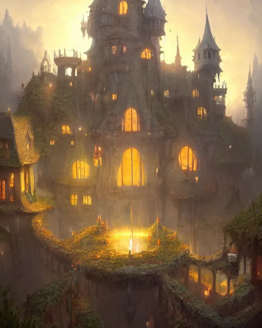 Image similar to big hazzle at the robust fantasy castle courtyard, calming, uplifting mood, ultra realistic, funny, small buildings, highly detailed, epic lighting, illuminated, cinematic, morning, art by eddie mendoza