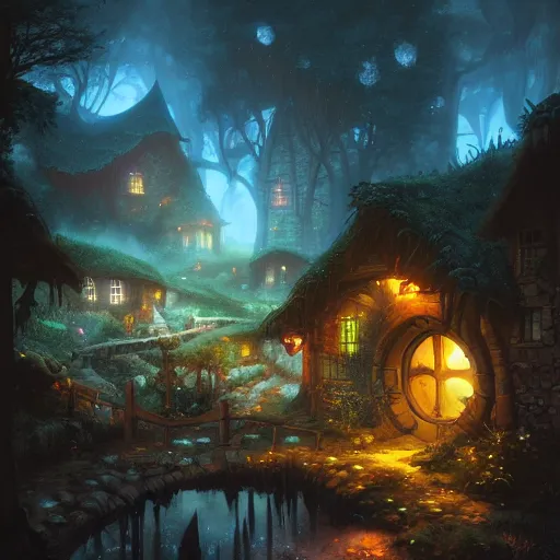 Image similar to night scene of a hobbit village, by peter mohrbacher and dan mumford and nekro, cgsociety, volumetric light, 3 d render