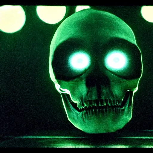 Image similar to glowing alien skull, 1 9 6 0 s, color bleed, video compression, video glitch, monochrome, akira kurosawa, mamoru oshii, wes anderson, stanley kubrick