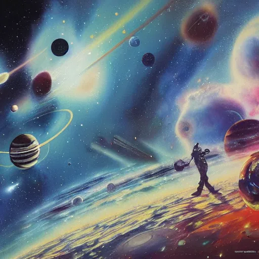 Prompt: space, nebula, planets, spacecraft, john berkey, nasa