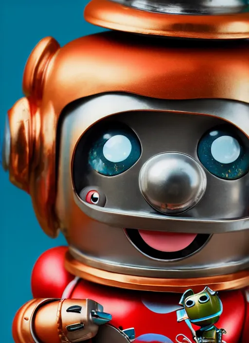 Prompt: highly detailed closeup portrait of a cute tin toy retro robot eating cakes, nicoletta ceccoli, mark ryden, lostfish, earl nore, hyung tae, frank frazetta, global illumination, god rays, detailed and intricate environment