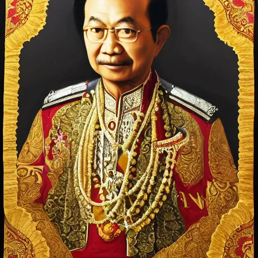 Image similar to sri sultan hamengkubuwono ix with blangkon and batik portrait, detailed, arstation 8 k, art by raden saleh, banksy, basuki abdullah