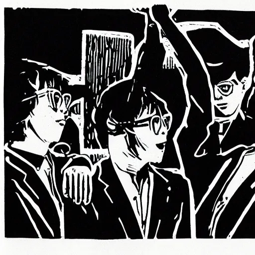 Image similar to a linocut engraving of yellow magic orchestra playing a concert