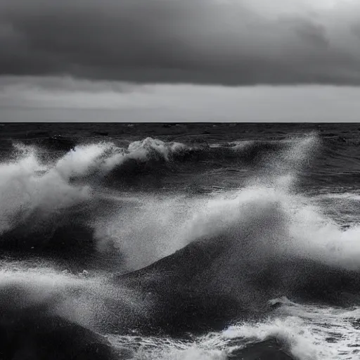 Image similar to dark ocean, towering waves, grey - scale, highly turbulent, deep focus, dark sky, high point of view