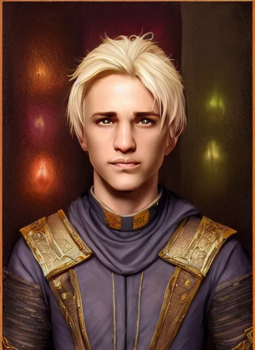 Image similar to male priest blonde parted hair healer, dndbeyond, bright, colourful, realistic, dnd character portrait, full body, pathfinder, pinterest, art by ralph horsley, dnd, rpg, lotr game design fanart by concept art, behance hd, artstation, deviantart, global illumination radiating a glowing aura global illumination ray tracing hdr render in unreal engine 5