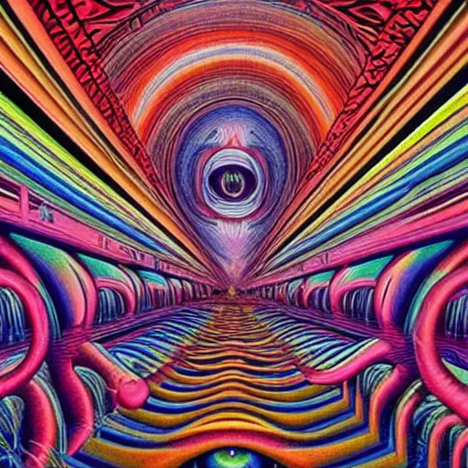 Prompt: A mysterious, psychedelic room. Award-winning artwork by Alex Grey