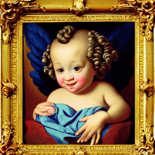 Prompt: baroque rococo painting of a baby cherub portrait Greg Hildebrandt Lisa Frank