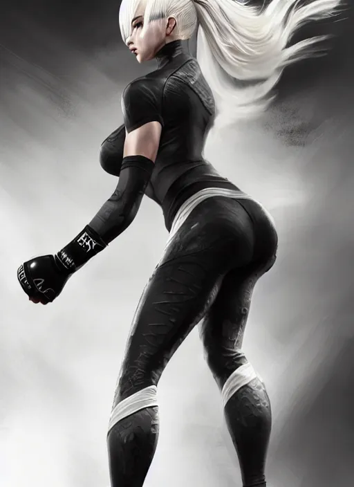 Image similar to a highly detailed illustration of fierce ponytail platinum blonde woman wearing black mma gear and gloves, dramatic powerful kicking pose, perfect face, fairly muscular, athletic, intricate, elegant, highly detailed, centered, digital painting, artstation, concept art, smooth, sharp focus, league of legends concept art, WLOP