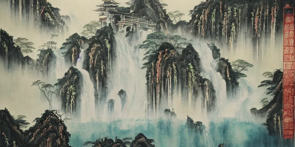 Image similar to “ large temple in the middle of waterfall in chinese watercolor painting, oil painting, masterpiece, aesthetic ”