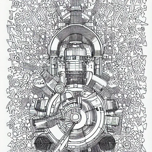 Image similar to Simplistic coloring book of a turbine blueprint, black ball pen on white paper, by Josan Gonzalez and Geof Darrow