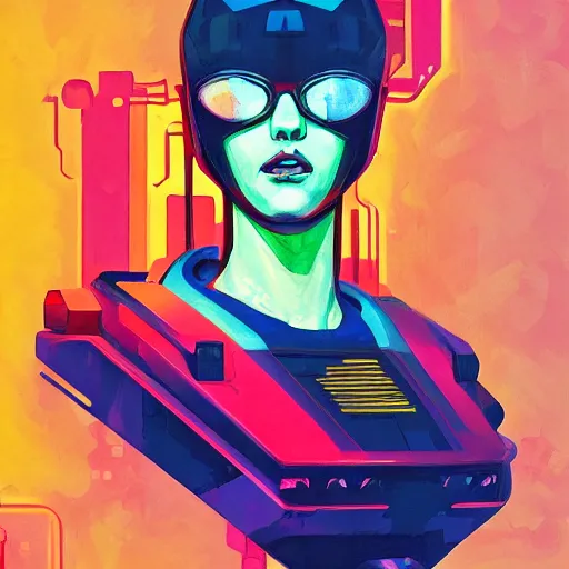 Image similar to a graph - style gouache impasto huge robot head in front of her, cyberpunk art by by james gilleard, mucha, cgsociety, retrofuturism, synthwave, retrowave, outrun