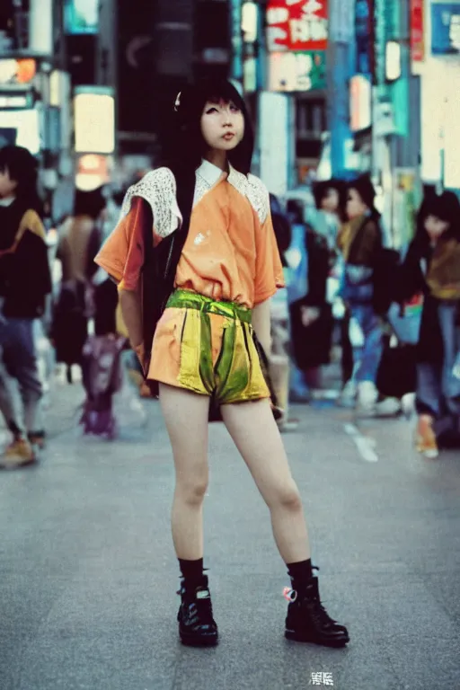 Image similar to a street fashion photograph of a young japanese woman in 9 0 s fashion, in tokyo akihabara, shot on cinestill 5 0 d with a canon 3 5 mm at f / 5. 6 lens, print magazine, photorealistic, nineties nostalgia, 4 k