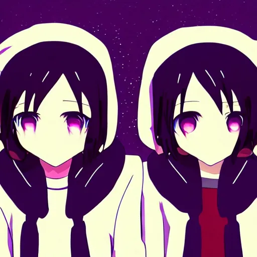 Image similar to two girls, a girl with short white hair and polar bear ears wearing an open black coat, another girl with long black hair wearinga purple hoodie with red eyes, anime key visual art, anime artystyle