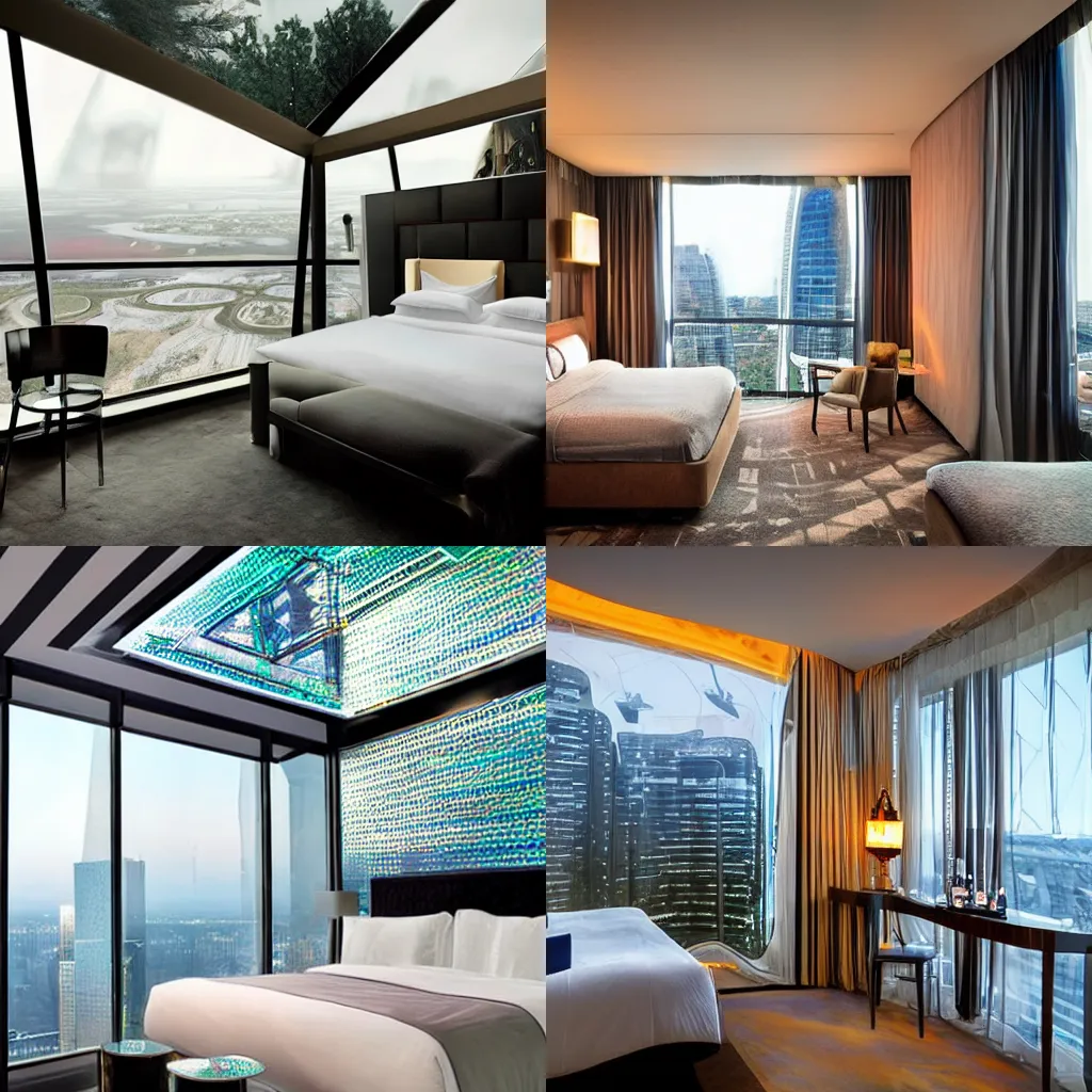 Prompt: a beautiful futuristic geometric mirror glass holographic hotel room, with a view of a apocalyptic dystopia outside