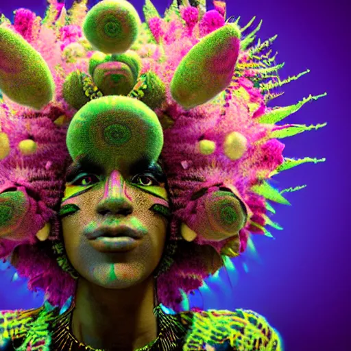 Image similar to a female african marijuanna! shaman with an afro made of flowers, third eye art art by machina infinitum, complexity from simplicity, rendered in octane, mandelbulb 3 d, ambient occlusion, macro photography, felt!!! texture, tribal, pastel! retrowave