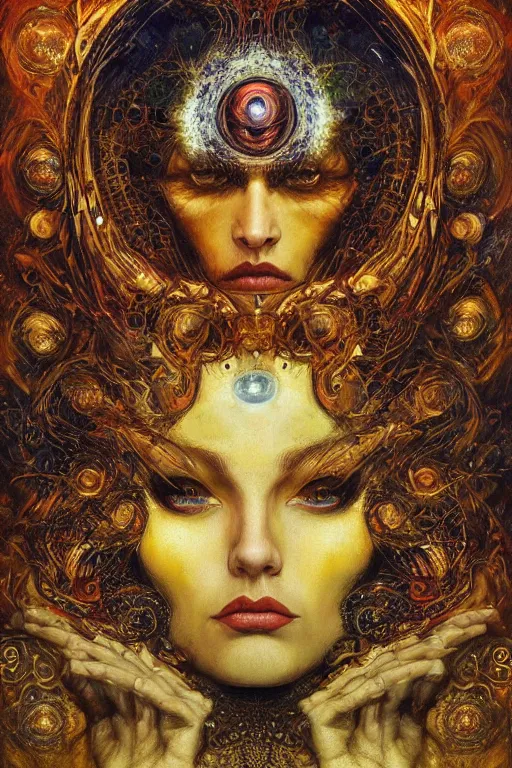 Image similar to Divine Chaos Engine by Karol Bak, Jean Deville, Gustav Klimt, and Vincent Van Gogh, beautiful visionary mystical portrait, sacred, otherworldly, fractal structures, Surreality, SpiralDee, ornate gilded medieval icon, third eye, spirals