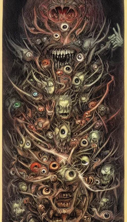 Prompt: a storm vortex made of many demonic eyes and teeth, by brian froud