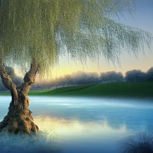 Image similar to featured on artstation majestic willow tree overlooking swirling river at sunset, beautiful image stylized digital art