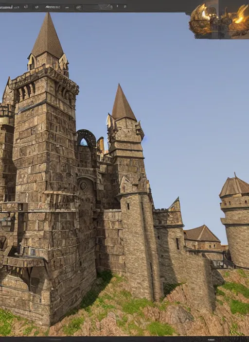 Prompt: a stylized medieval castle with towers, gate, and rockwalls. highly detailed, unreal engine. daylight. trending on artstation.