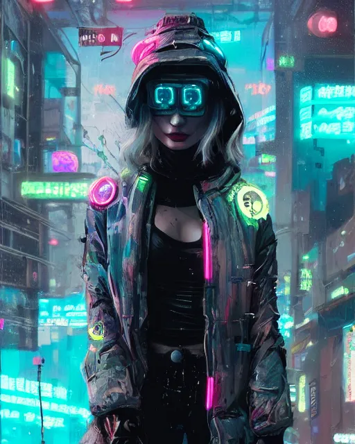 Image similar to neon operator margot robbie, cyberpunk futuristic neon, reflective puffy coat, decorated with traditional japanese ornaments by ismail inceoglu dragan bibin hans thoma greg rutkowski alexandros pyromallis nekro rene maritte illustrated, perfect face, fine details, realistic shaded, fine - face, pretty face