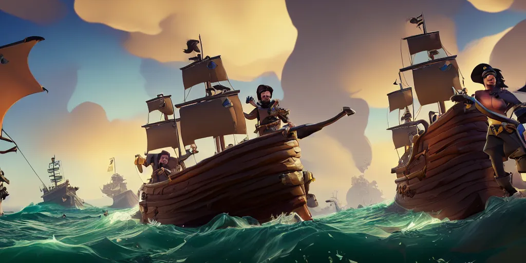 Image similar to portrait of sea of thieves characters, realism, sharp, sea of thieves screenshot, storm, unreal engine, digital art, kraken monster