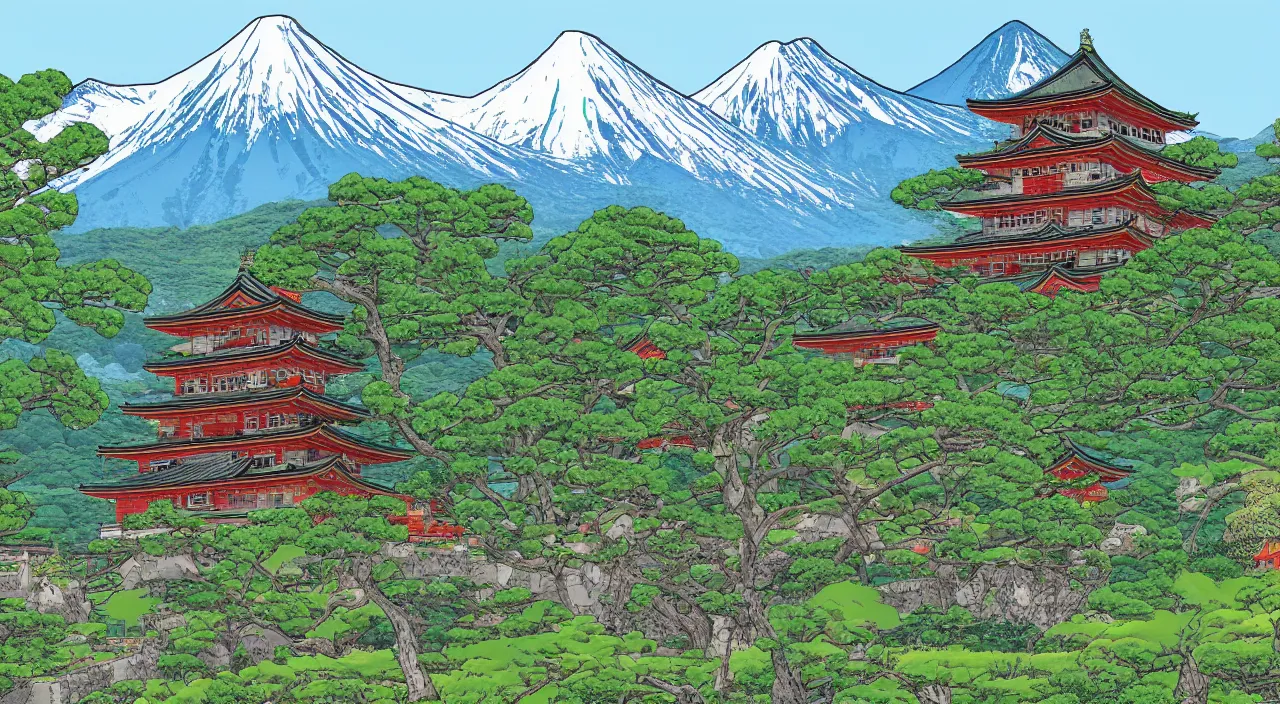 Image similar to a Japanese castle, with a garden as foreground, with mountains as background, in the style of digital art