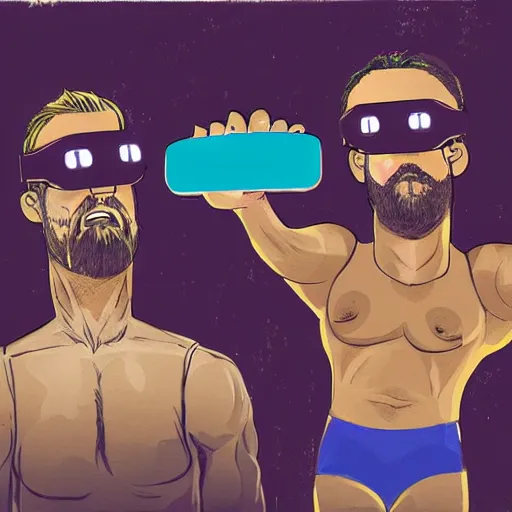 Prompt: shrugging wrestlers wearing vr headsets professionally illustrated by jonathan bruns