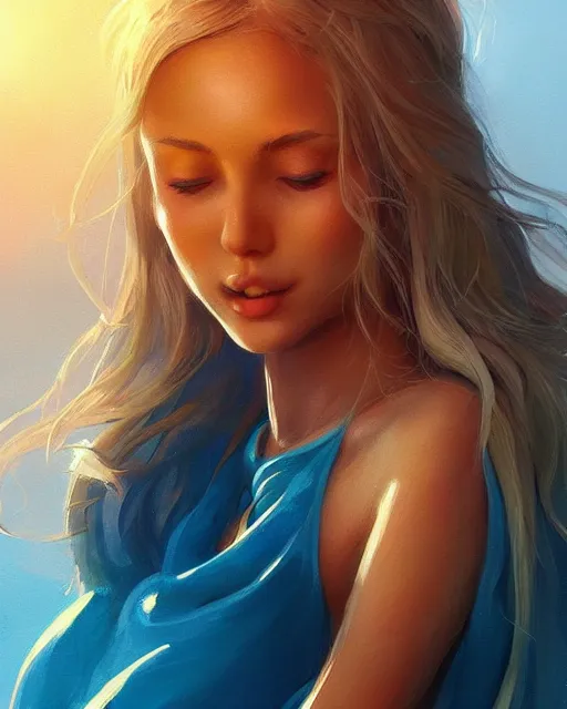 Prompt: summer vibes, beautiful sun tanned woman portrait, flowy golden hair, sun, summer, cinematic lighting, highly detailed, digital painting, trending on artstation, pixiv, concept art, sharp focus, illustration, art by ross tran and wlop