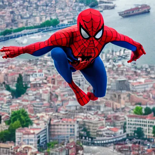 Image similar to Spider-man on top of the Galata Tower in Istanbul, photorealistic, 4K, 200mm lens