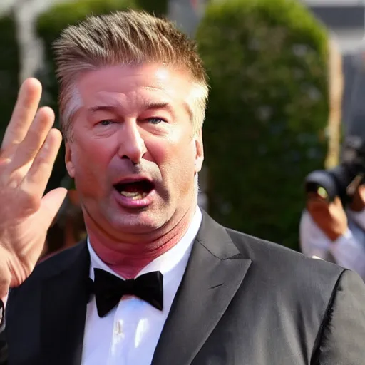 Prompt: An image of Alec Baldwin yelling at the paparazzi. Telephoto photo.