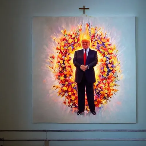 Prompt: a portrait of trump in flowers radiates holy light in the church,in the style of greg rutkowski,epic lighting,Fauvism style,Masterpieces,oil on canvas