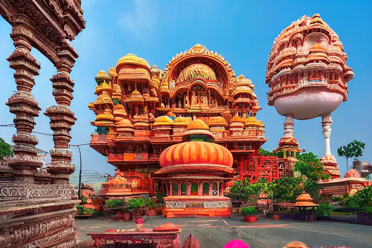 Image similar to high quality dreamscape! biomorphic new delhi, hanuman!! head building, kalighat, octane highly detailed cinematic, stephen shore & john j. park, soft morning light, wide shot, high angle, uhd 8 k, deep focus