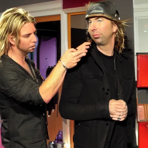 Image similar to chad robert kroeger of nickelback looking at what is on joey's head