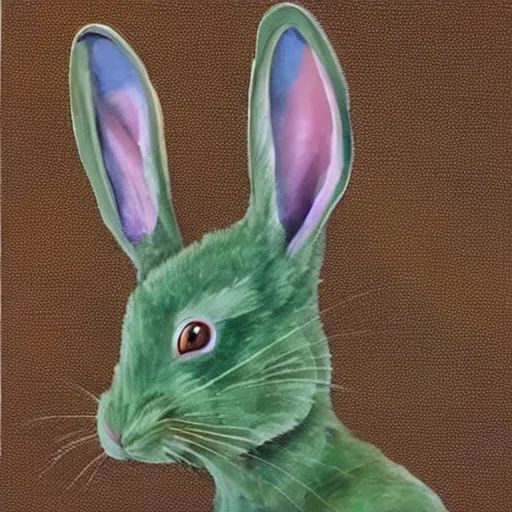 Image similar to detailed paint of a cute beige rabbit with cat's paws and cat's muzzle, big green eyes, long tail and long floppy ears