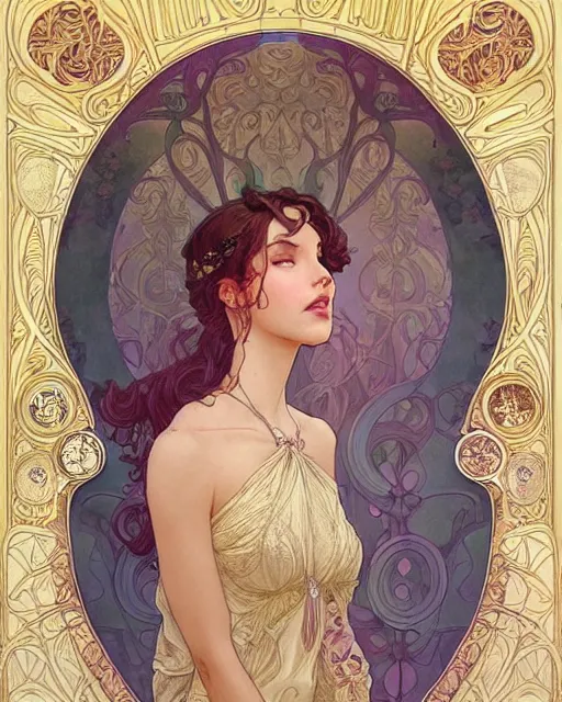 Image similar to secret romance, highly detailed, very intricate, art nouveau, gold filigree, romantic storybook fantasy, soft cinematic lighting, award - winning, disney concept art watercolor illustration by mandy jurgens and alphonse mucha and alena aenami, pastel color palette, featured on artstation