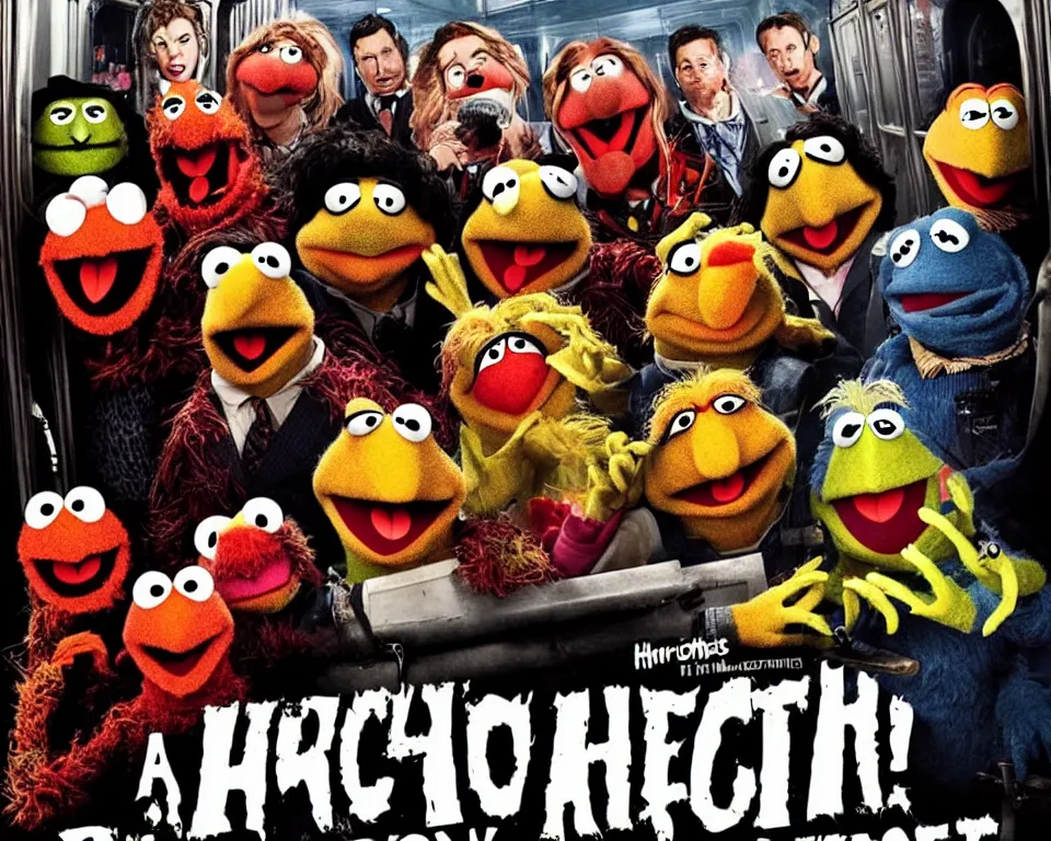 Prompt: a horror movie poster featuring muppets hijacking a train