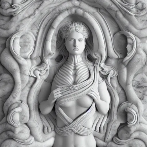 Prompt: marble goddess, intricate, detailed, 4 k, octane render, black and white, intricate background