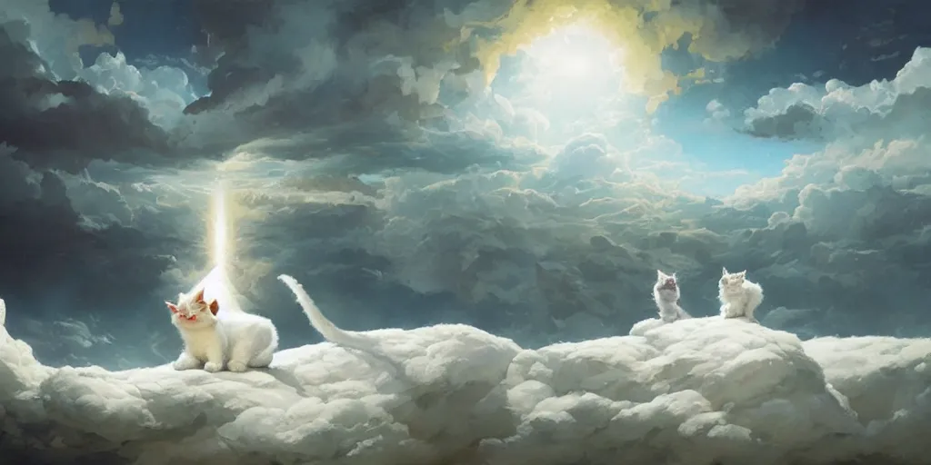 Image similar to a sending down [ of the revelation ] from a white fluffy cat who created the earth and the lofty heavens, overdetailed art, by greg rutkowski, by rhads, sharp focus