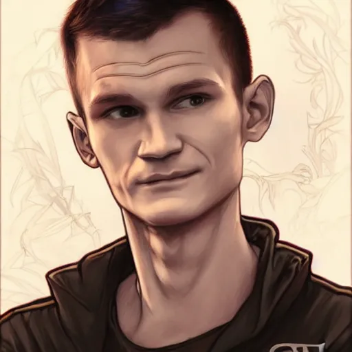 Image similar to vitalik buterin, artgerm, very detailed, art contest winner on behance, trendy on deviant art, by artgem, greg rutkowski and laura sava and alphonse mucha