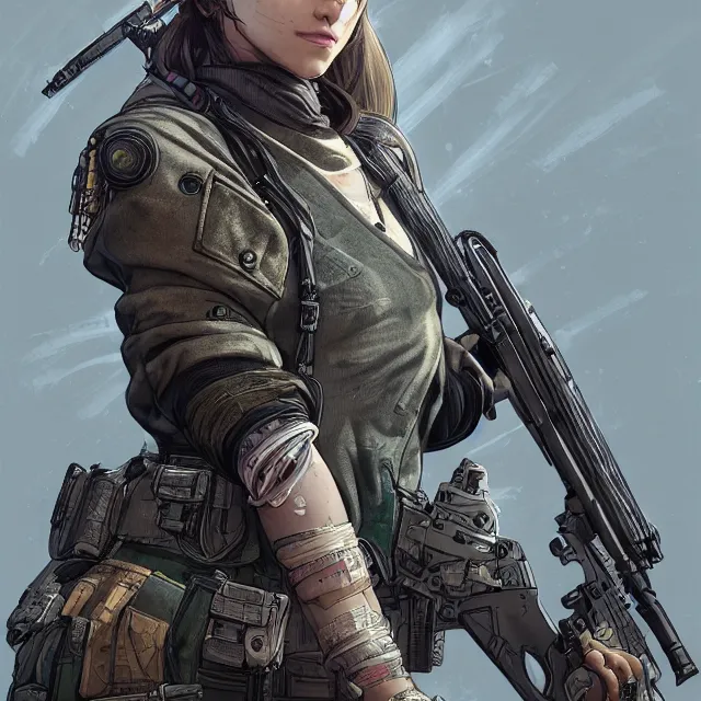 Image similar to the portrait of lawful neutral female cyberpunk infantry sniper as absurdly beautiful, gorgeous, elegant, young woman looking up, an ultrafine hyperdetailed illustration by kim jung gi, irakli nadar, intricate linework, bright colors, octopath traveler, final fantasy, unreal engine 5 highly rendered, global illumination, radiant light, detailed and intricate environment