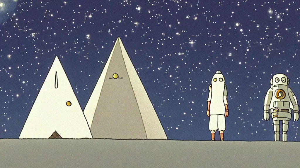 Image similar to a movie still from a studio ghibli film showing a floating large white pyramid with a gold gapstone, a grey alien, and a ufo on a misty and starry night. by studio ghibli