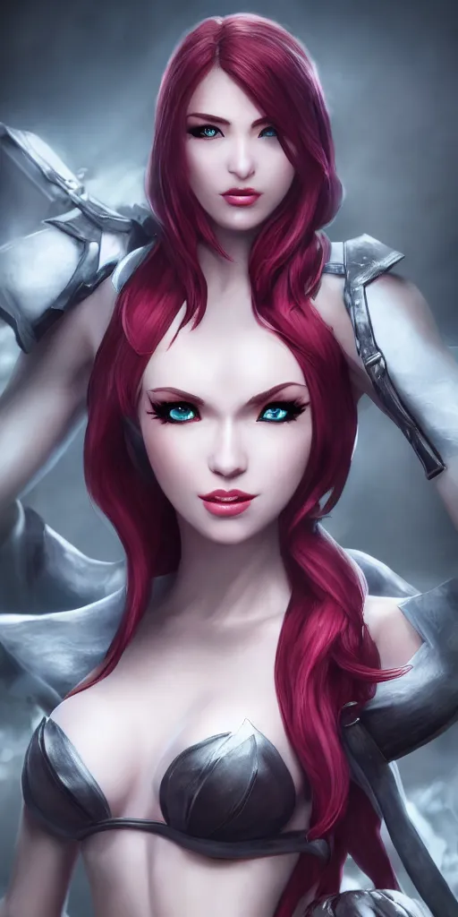 Image similar to Katarina from League of Legends, photorealistic studio portrait, studio lighting, unreal engine 5, hyperrealistic, dynamic lighting, white ambient background, realistic, highly detailed