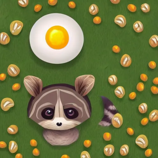 Image similar to a cute racoon with a fried egg on its head, walking in a city that is also a forest, digital art, bird eye view