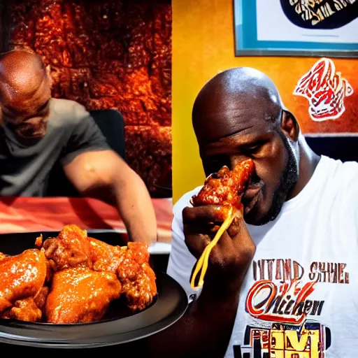 Image similar to Shaquille O'neil eating hot spicy chicken wings, 4k UHD picture