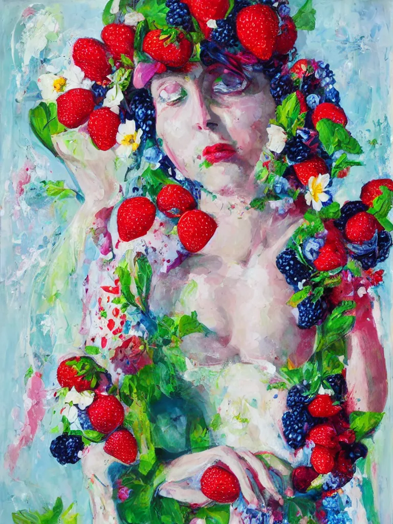 Image similar to “organic, portrait of a woman wearing white silk, neoexpressionist, eating luscious fresh raspberries and strawberries and blueberries, edible flowers, acrylic and spray paint and oilstick on canvas”