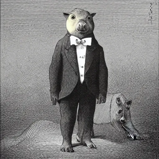 Prompt: capybara in a tuxedo, dark, high detail, dramatic light, drawing gustave dore