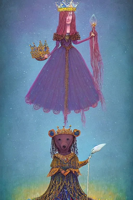 Image similar to surreal medieval princess with a crown riding a bear, nostalgia for a fairytale, magic realism, flowerpunk, mysterious, vivid colors, by andy kehoe, amanda clarke